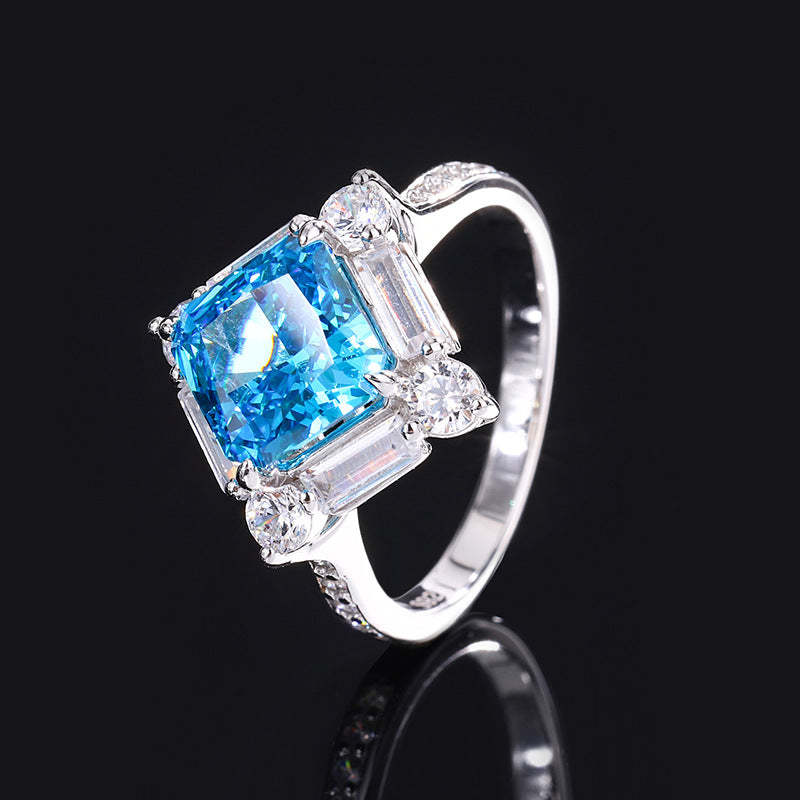 2023 New S925 Silver High Carbon Diamond Aquamarine Princess Square Diamond Set Female Main Stone 8*8-7*7-Mix MIx Style
