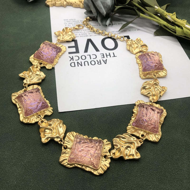 Square Pink Vintage Retro Elegant Luxury 18k Gold Plated Necklace Earring Bracelet Jewelry Set | Mix Mix Style-Mix MIx Style