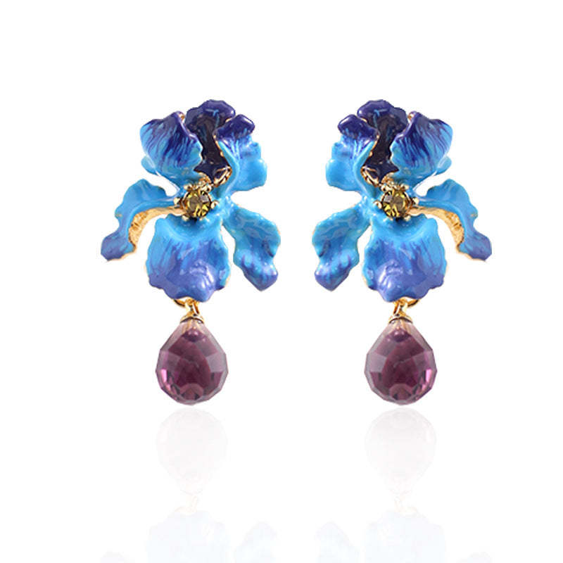 French blue iris earrings elegant temperament ear clips hand-painted e