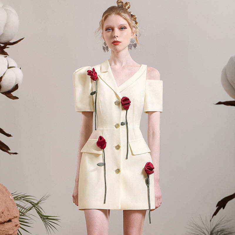 Three-dimensional rose dress niche design fashionable personality asymmetric off-shoulder temperament commuter suit skirt-Mix MIx Style