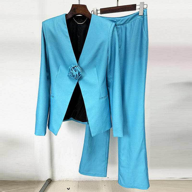 Spot 2024 new European and American celebrity fashion three-dimensional flower collarless suit flared trousers suit two-piece suit-Mix MIx Style