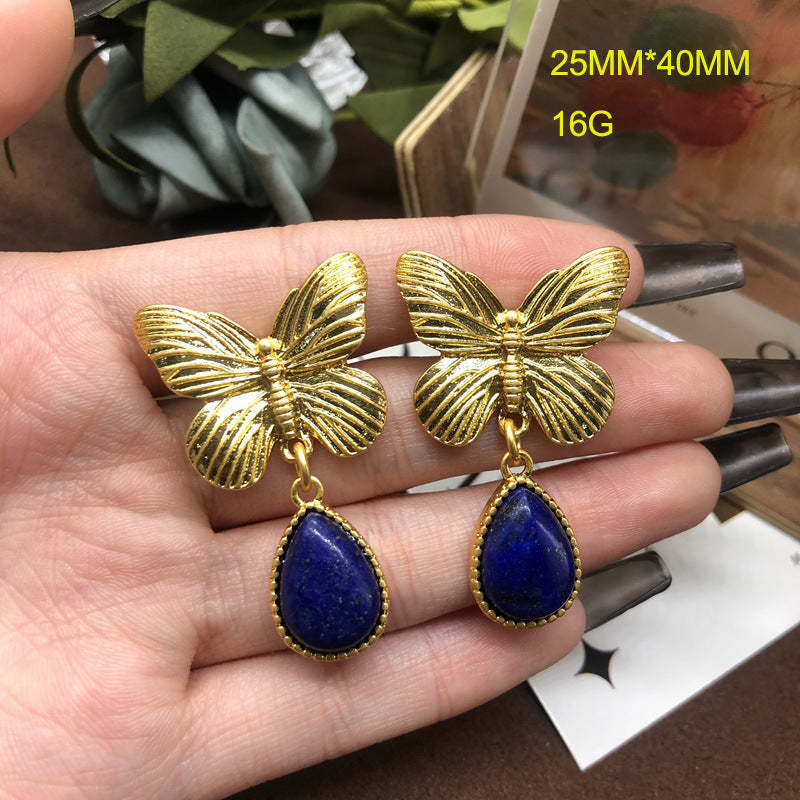 Butterfly Vintage Retro Pendant Blue Pear Cut Diamond Luxury 18k Gold Plated Earrings Ring Jewelry Set | Mix Mix Style-Mix MIx Style