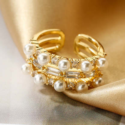 Australian ancient cross-border copper-plated real gold zircon pearl geometric open ring women's INS niche light luxury high-end ring new-Mix MIx Style