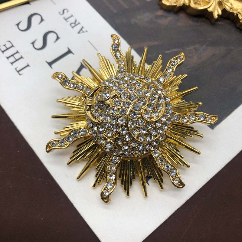 Sun Vintage Pendant White Micro Diamonds Luxury 18k Vermeil Gold Plated Earring Brooch Jewelry Set | Mix Mix Style-Mix MIx Style