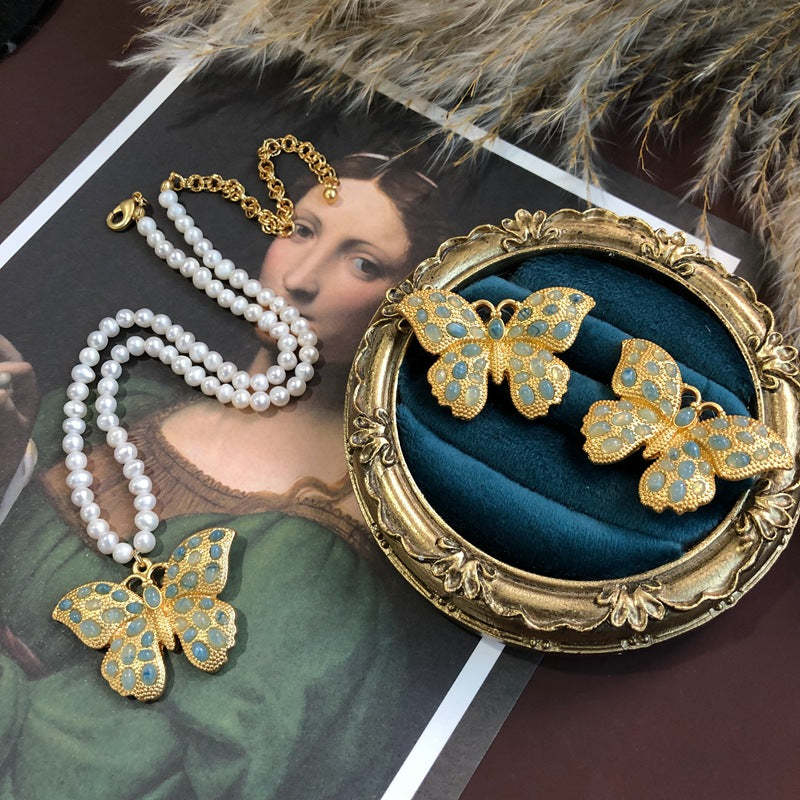 Butterfly Blue Gemstone Retro Classic Pendant Akoya Pearls Luxury 18k Gold Plated Necklace Earrings Jewelry Set | Mix Mix Style-Mix MIx Style