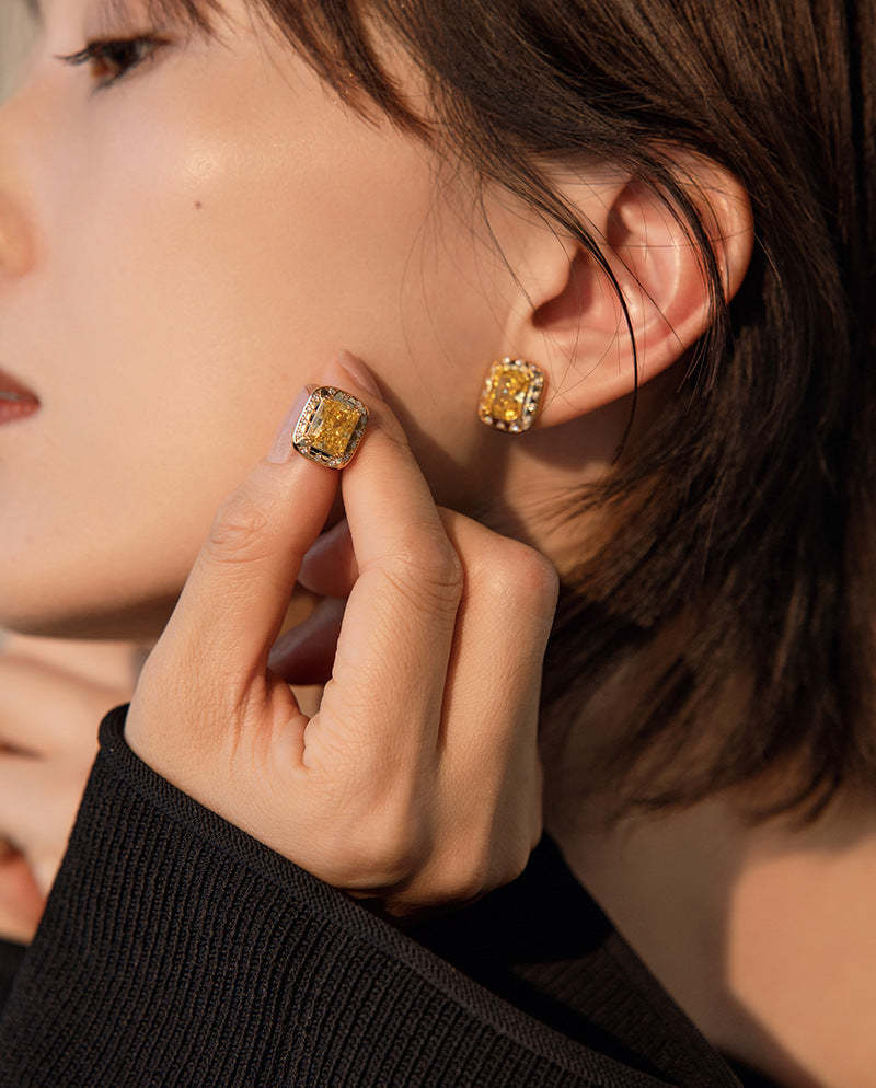 Yellow Classic Trendy Radiant Cut Moissanite Diamonds Elegant 18k Vermeil Gold Plated Stud Earrings | Mix Mix Style-Mix MIx Style