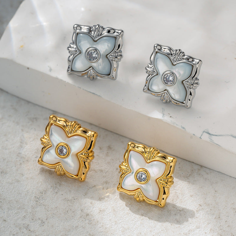 Four-leaf clover earrings for women French light luxury mother-of-pearl diamond fashion earrings 925 silver needle temperament high-end ear jewelry-Mix MIx Style