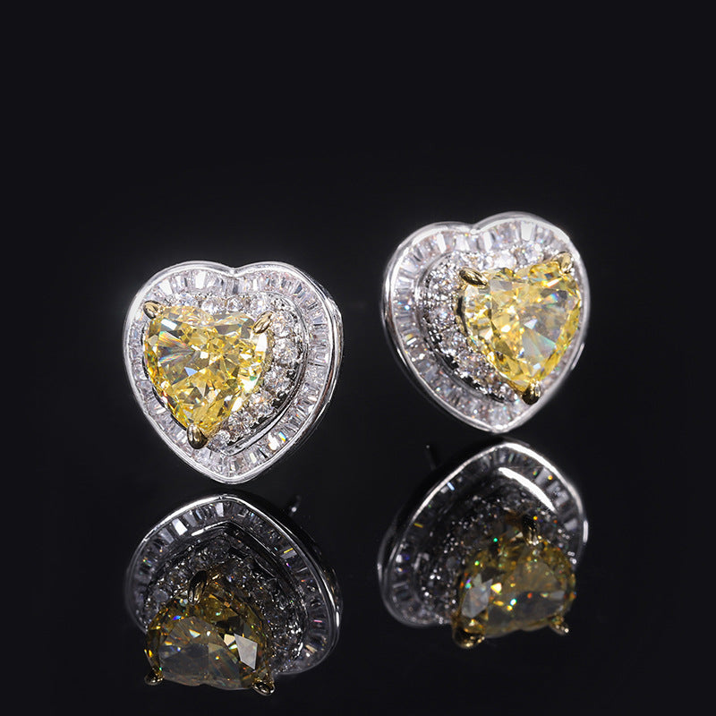 S925 Silver High Carbon Diamond Radiant Yellow Diamond Heart Shape Women's Ring Necklace Earrings Set Jewelry Women's Accessories-Mix MIx Style