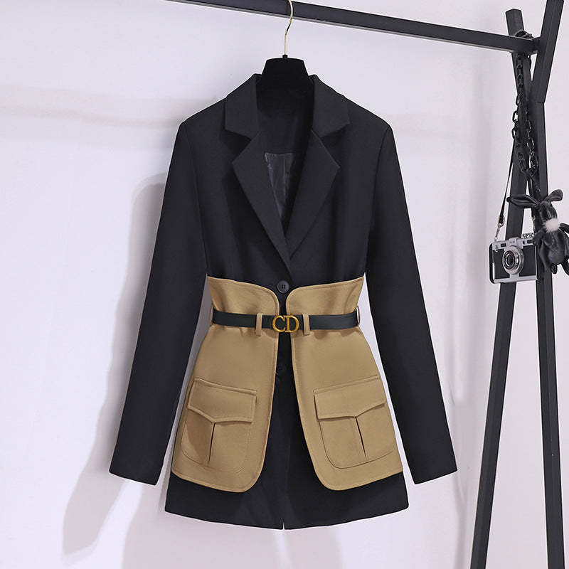 Contrast color suit jacket, high-grade temperament, waist-lengthening design, splicing belt, ins style coat for women-Mix MIx Style