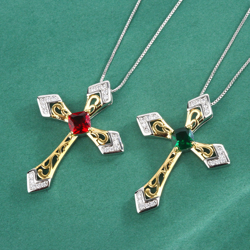 Red Retro Cross Pendant Cushion Cut Diamond Luxury 18k Gold Plated Necklace Jewelry | Mix Mix Style-Mix MIx Style