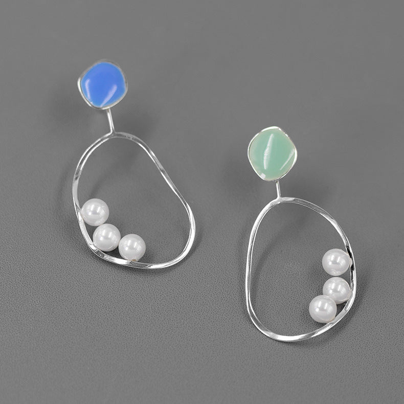 Irregular Green - Blue Minimalist Akoya Pearls Moissanite Diamonds 18k White/Vermeil Gold Plated Drop Earrings | Mix Mix Style-Mix MIx Style