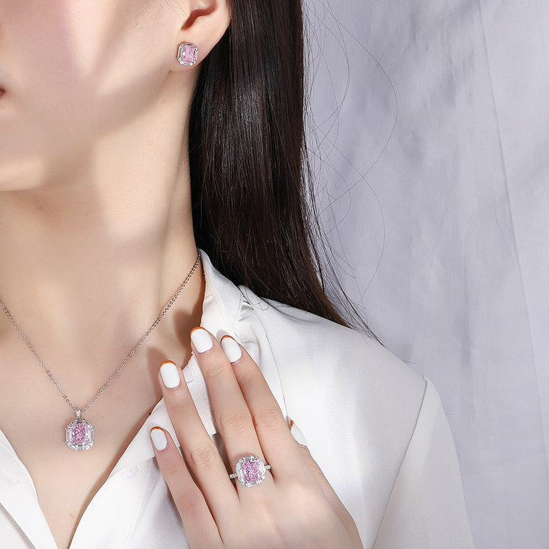 European and American retro fashion daily style high carbon diamond pink diamond pendant ring 8*10 earrings 6*8 set S925 silver-Mix MIx Style