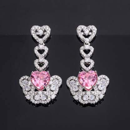 Red/Pink/Yellow Retro Pendant Heart Cut Diamond Luxury 18k White Gold Plated Necklace Earrings Jewelry Set | Mix Mix Style-Mix MIx Style
