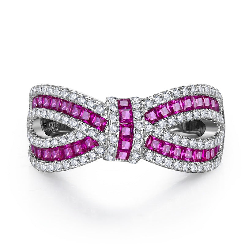 Bow Double Row Purple Cushion Cut Moissanite Diamonds 18k White Gold Engagement Ring | Mix Mix Style-Mix MIx Style