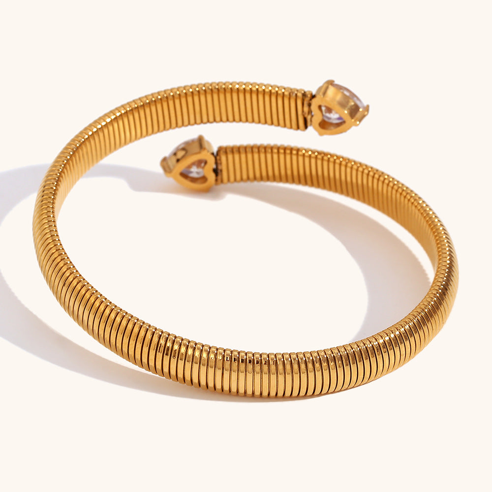European and American cross-border hot selling two-end heart-shaped zircon open striped bracelet stainless steel plated 18K gold retro bracelet-Mix MIx Style