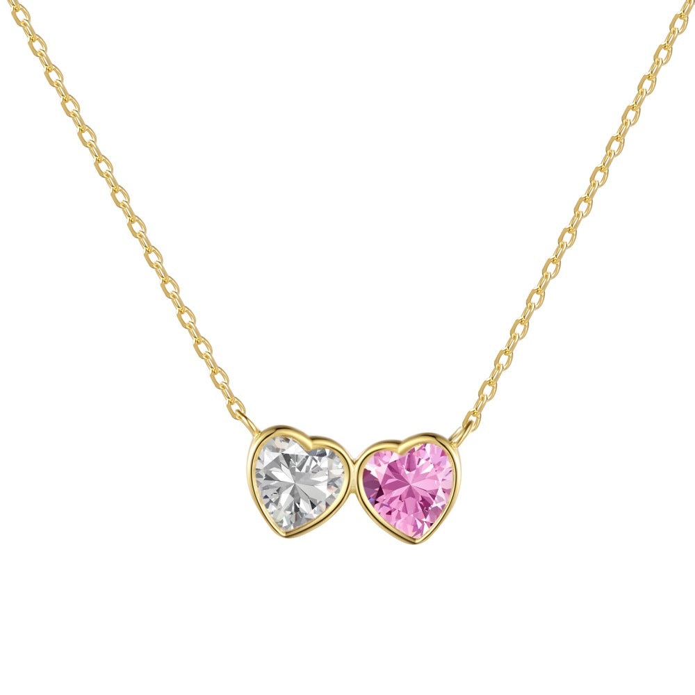 Linlang S925 sterling silver double heart necklace for women, exquisite and cute design, heart-shaped zircon pendant, clavicle chain, simple silver jewelry-Mix MIx Style