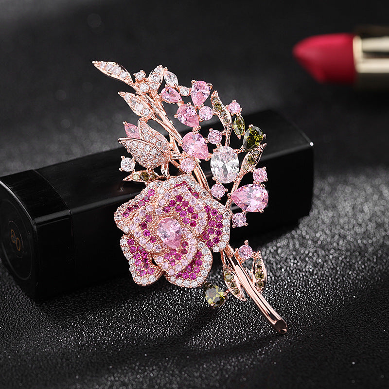 Korean heavy industry micro-encrusted zirconium corsage temperament flower zircon brooch evening dress accessories rose brooch for women-Mix MIx Style