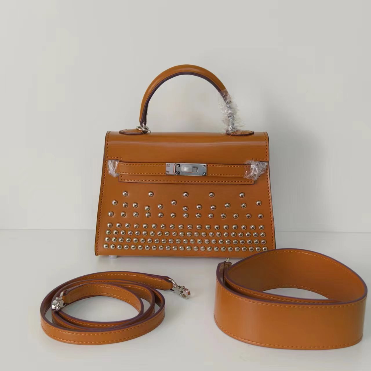Rivet BOX leather second generation Kelly bag silver buckle fashionable all-match mini genuine leather messenger bag wide shoulder strap shoulder bag women-Mix MIx Style