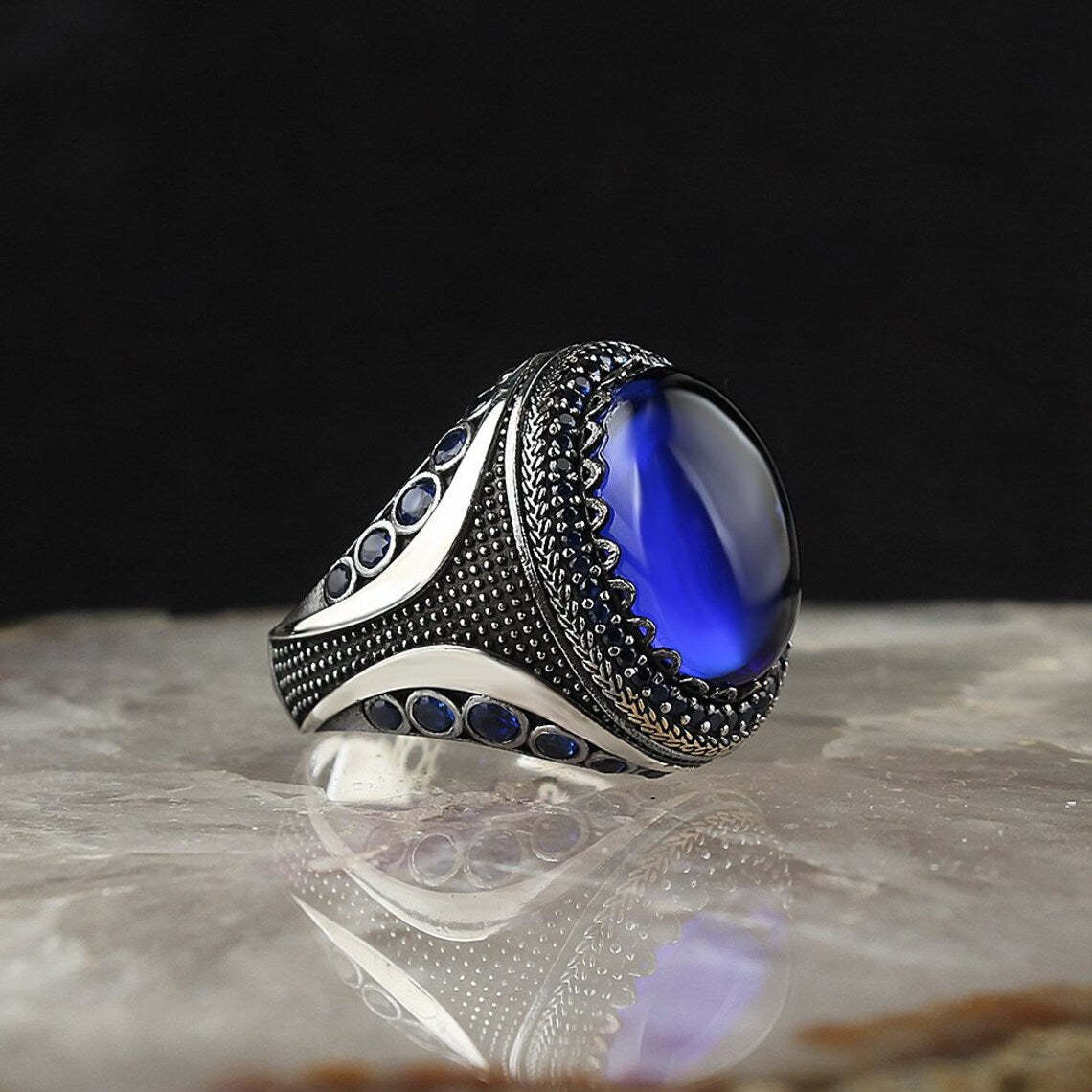 Black & Blue Oval Cut Moissanite Diamond 18k White Gold Plated Elegant
