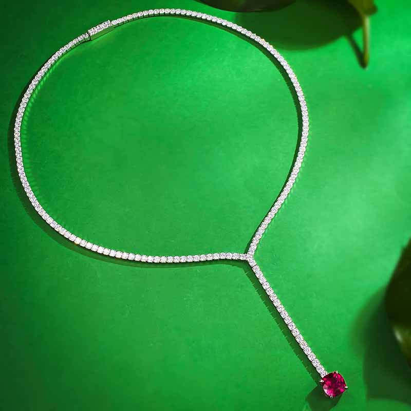 Dainty Red Classic Cushion Cut Moissanite Diamond Y Chain Elegant 18k 