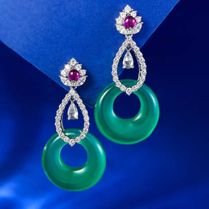 Circle Green & Pink Trendy Moissanite Diamonds Luxury 18k White Gold Plated Drop Earrings | Mix Mix Style-Mix MIx Style