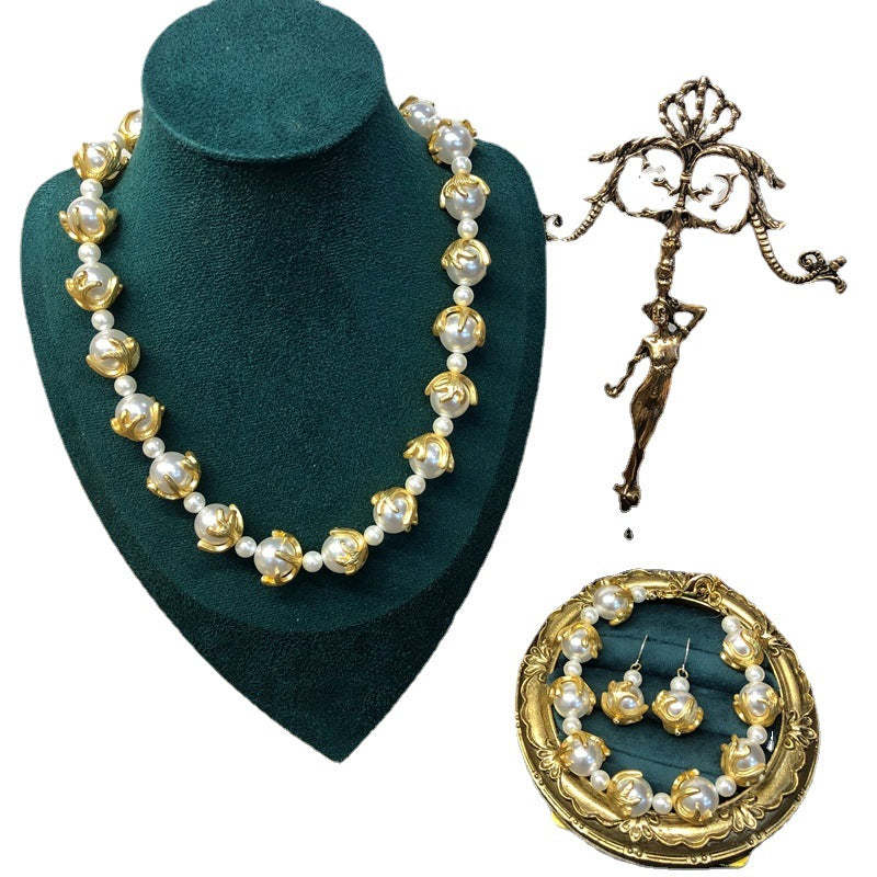 Vintage White Akoya Pearls Elegant 18k Gold Plated Necklace Earring Bracelet Jewelry Set | Mix Mix Style-Mix MIx Style