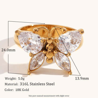 Butterfly Band Antique Retro Pear Cut Diamonds Elegant  18k Vermeil Gold Plated Ring Jewelry | Mix Mix Style-Mix MIx Style