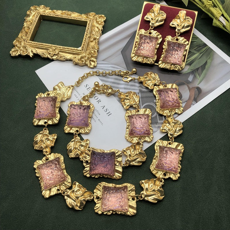 Square Pink Vintage Retro Elegant Luxury 18k Gold Plated Necklace Earring Bracelet Jewelry Set | Mix Mix Style-Mix MIx Style