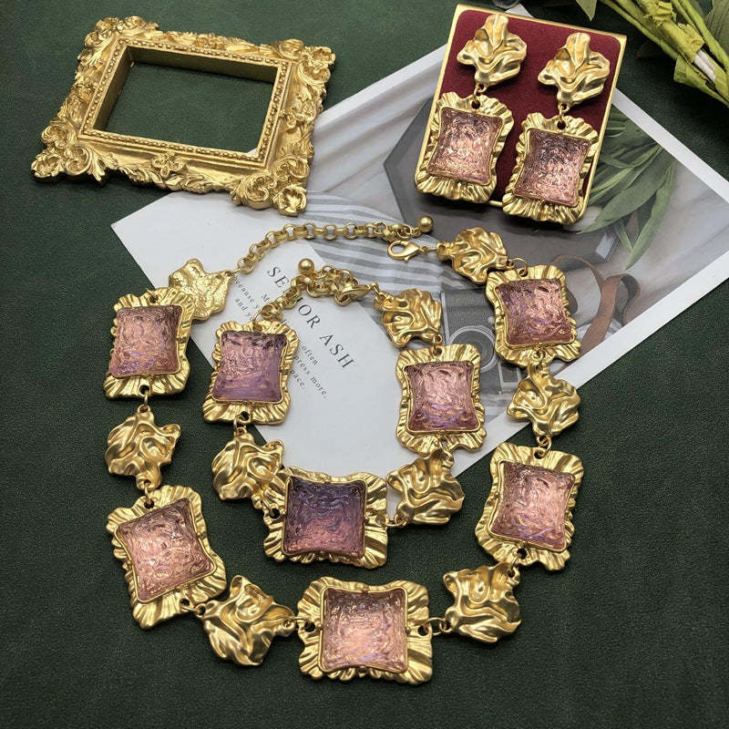 Square Pink Vintage Retro Elegant Luxury 18k Gold Plated Necklace Earring Bracelet Jewelry Set | Mix Mix Style-Mix MIx Style