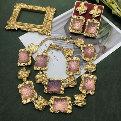 Square Pink Vintage Retro Elegant Luxury 18k Gold Plated Necklace Earring Bracelet Jewelry Set | Mix Mix Style-Mix MIx Style