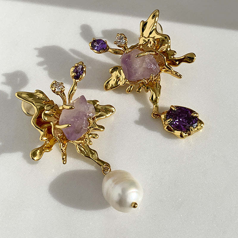 Baroque pearl earrings for women niche asymmetrical butterfly high-end temperament earrings 925 silver needle wholesale earrings-Mix MIx Style