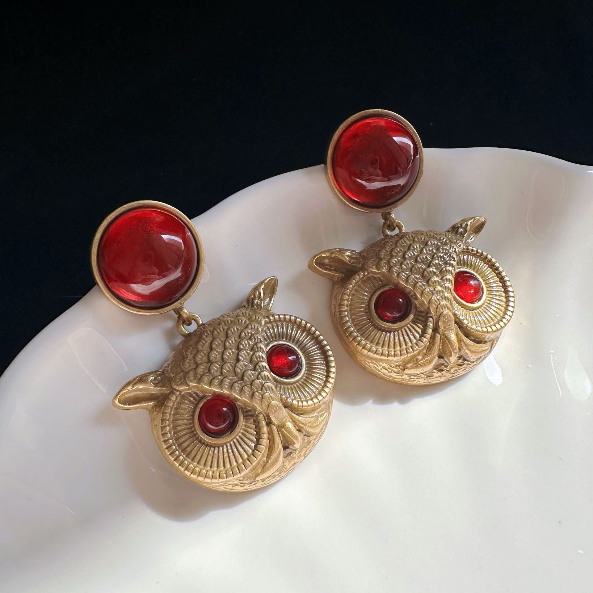 Owl Bird Shaped Timeless Red Round Moissanite Diamonds 18k Vermeil Gold Plated Drop Earrings | Mix Mix Style-Mix MIx Style