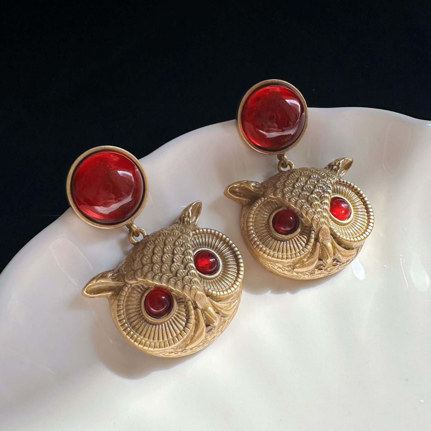 Owl Bird Shaped Timeless Red Round Moissanite Diamonds 18k Vermeil Gold Plated Drop Earrings | Mix Mix Style-Mix MIx Style