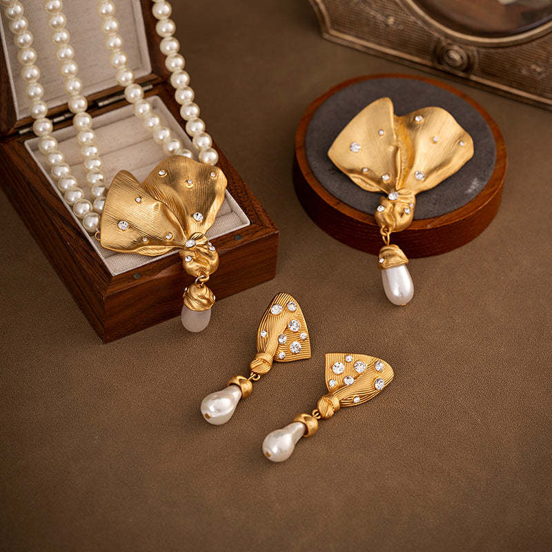 Golden Retro Classic Pendant Akoya Pearl Elegant 18k Gold Plated Double-Layer Necklace Earring & Brooch Jewelry Set | Mix Mix Style-Mix MIx Style