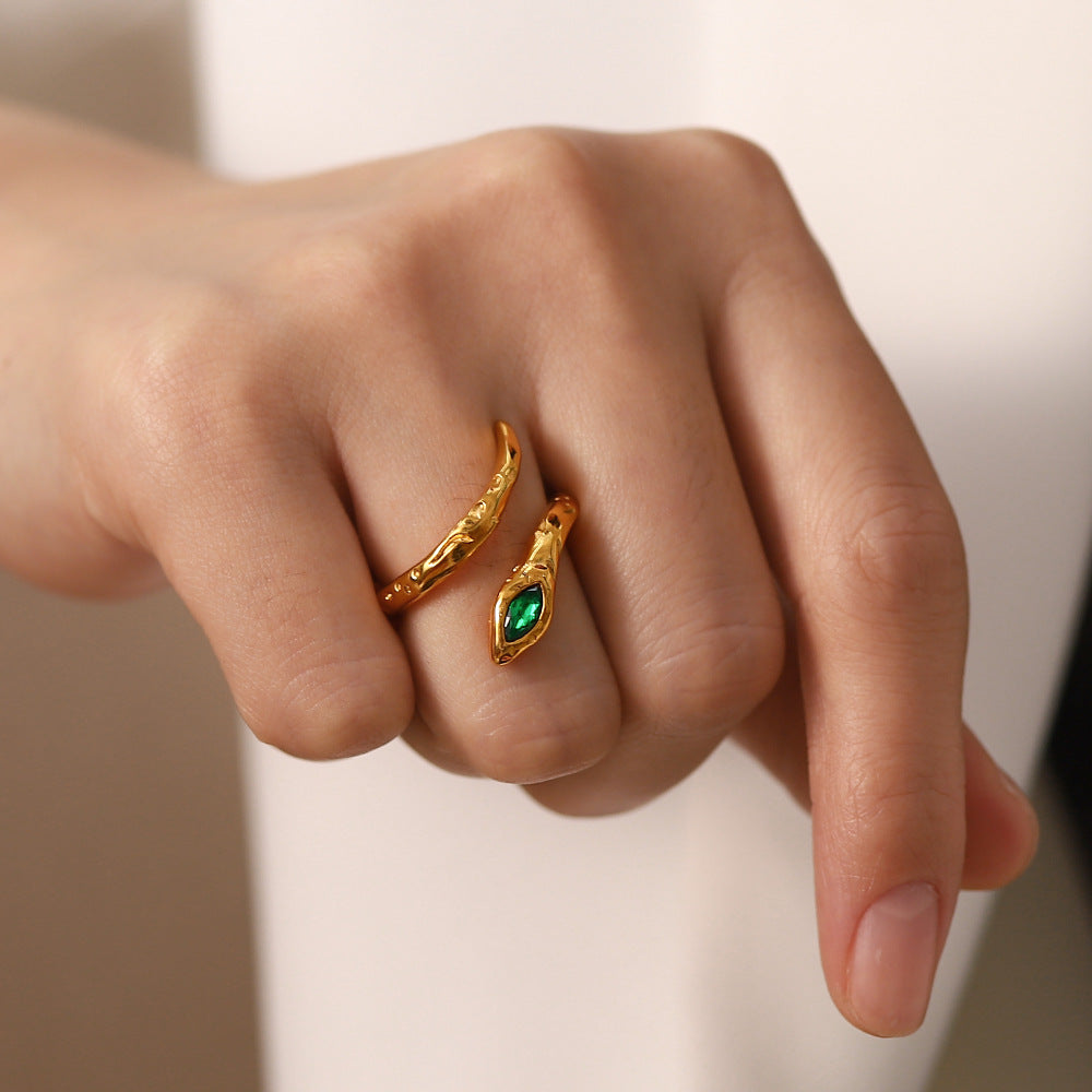Niche design titanium steel index finger ring light luxury ins trend cold style lava snake-shaped opening inlaid with white/green diamond ring-Mix MIx Style