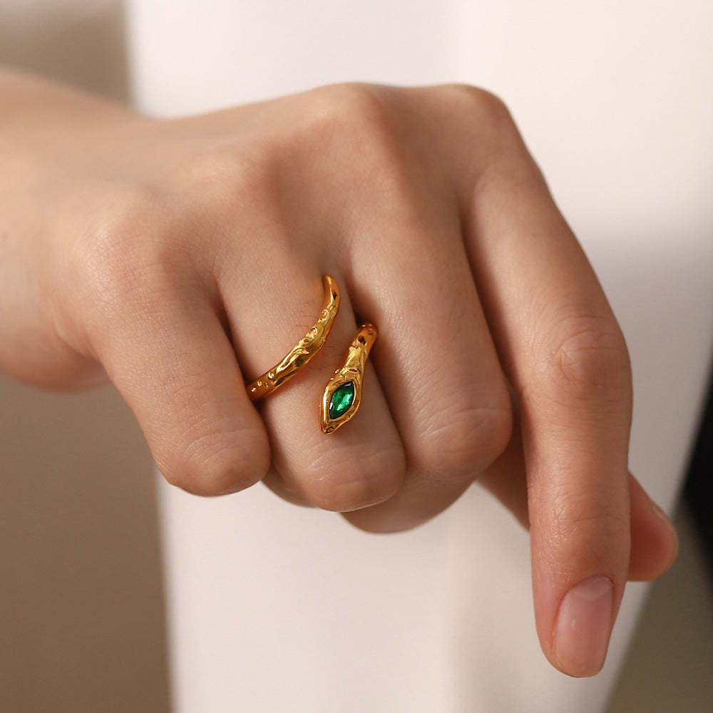 Niche design titanium steel index finger ring light luxury ins trend cold style lava snake-shaped opening inlaid with white/green diamond ring-Mix MIx Style