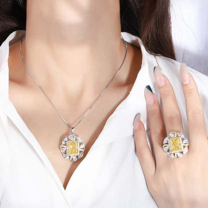 Yellow Vintage Retro Pendant Emerald Cut Diamond 5ct Luxury 18k Gold Plated Necklace & Ring Jewelry Set | Mix Mix Style-Mix MIx Style