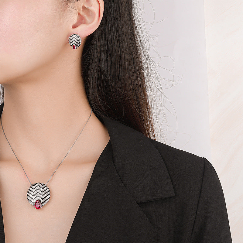 Pink & Blue Vintage Pendant Pear Cut Diamond Luxury 18k White Gold Plated Necklace Earrings Jewelry Set | Mix Mix Style-Mix MIx Style