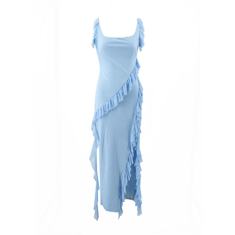 brown - black - brown square neck strappy irregular slit ruffle summer maxi dress | Mix Mix Style-Mix MIx Style