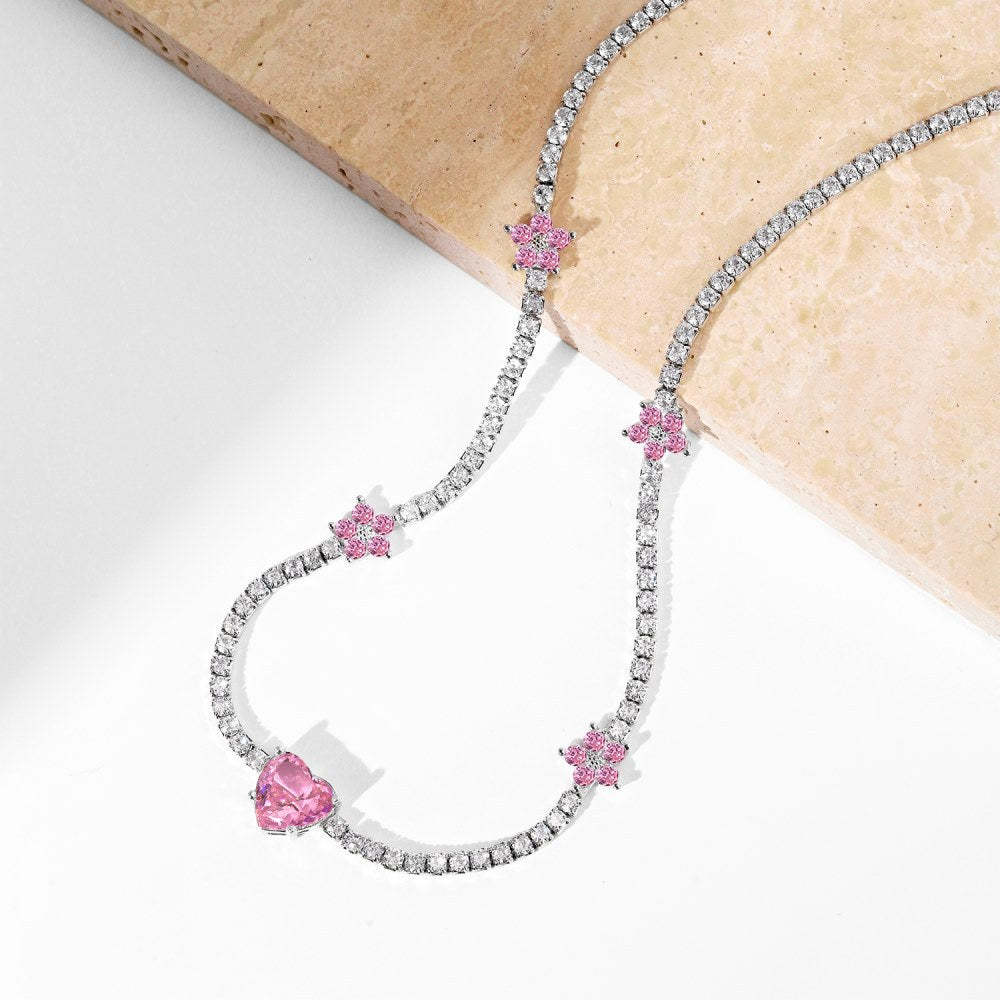 S925 sterling silver tennis necklace for women pink crushed ice flower heart-shaped high carbon diamond zircon tennis chain high-end clavicle chain-Mix MIx Style
