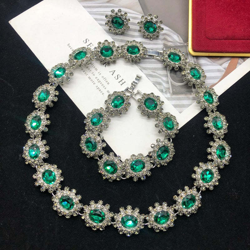Green Retro Classic Oval Cut Diamonds 4ct Luxurious 18k White Gold Plated Necklace Earrings Bracelet Jewelry Set | Mix Mix Style-Mix MIx Style