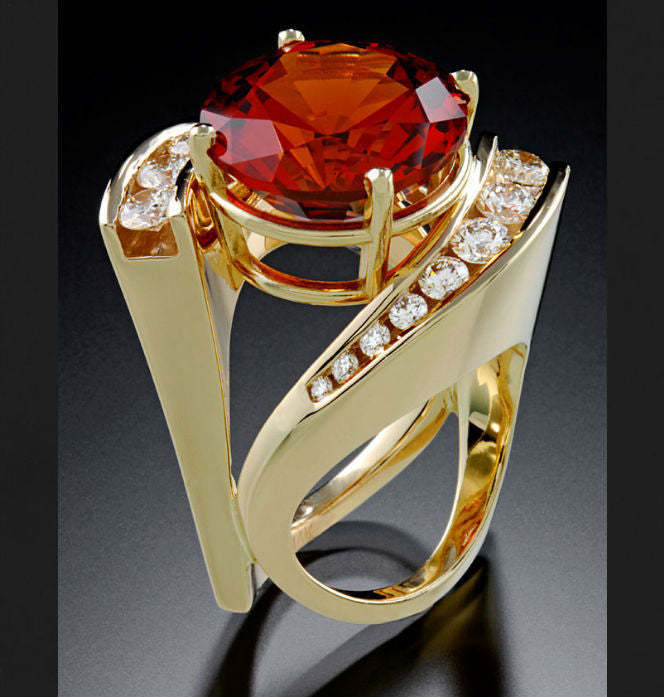 Geometrical Trendy Red Round Cut Moissanite Diamond 18k Vermeil Gold P