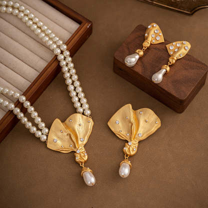 Golden Retro Classic Pendant Akoya Pearl Elegant 18k Gold Plated Double-Layer Necklace Earring & Brooch Jewelry Set | Mix Mix Style-Mix MIx Style