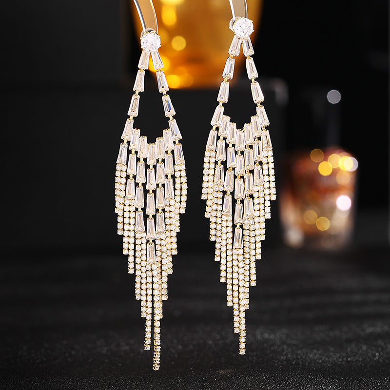 Super fairy temperament long rhombus face-modifying earrings trendy high-end zircon inlaid wedding dress matching earrings-Mix MIx Style