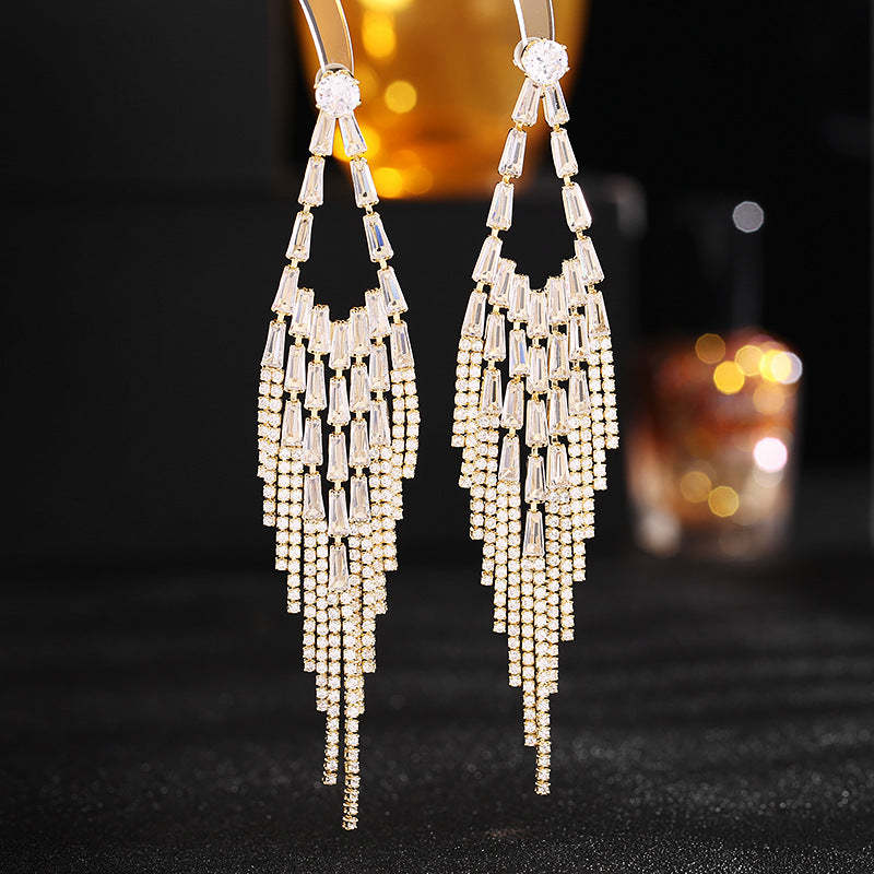 Super fairy temperament long rhombus face-modifying earrings trendy high-end zircon inlaid wedding dress matching earrings-Mix MIx Style