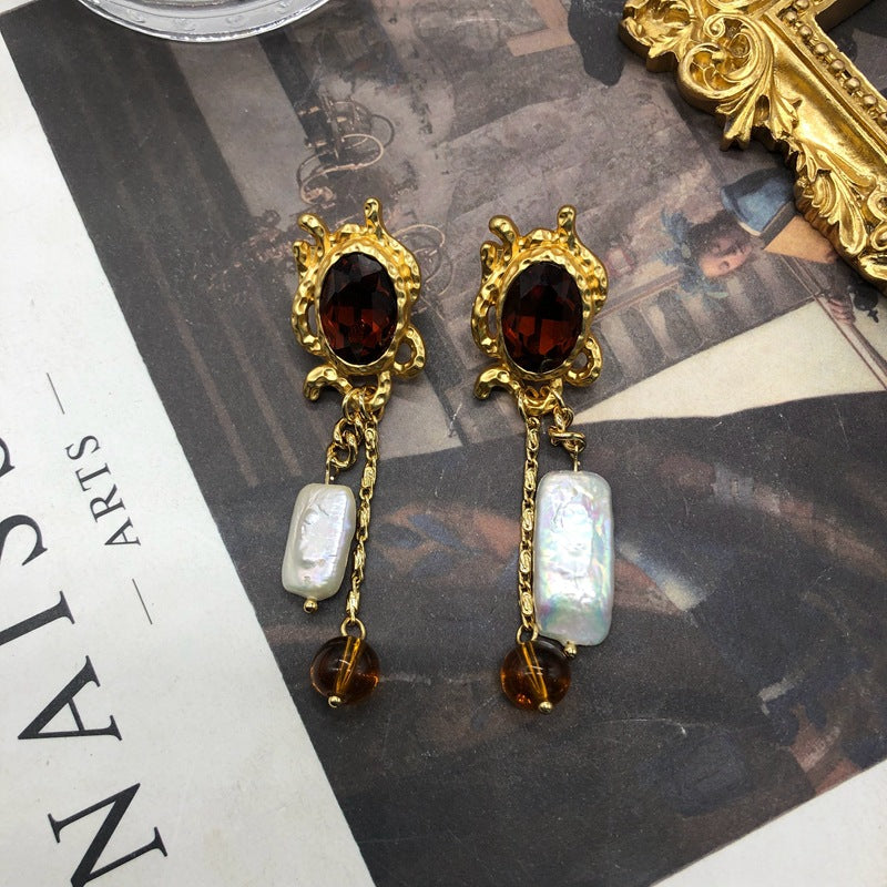 Retro Red Timeless Baroque pearl Oval Moissanite Diamonds Luxury 18k Vermeil Gold Plated Drop Earrings | Mix Mix Style-Mix MIx Style