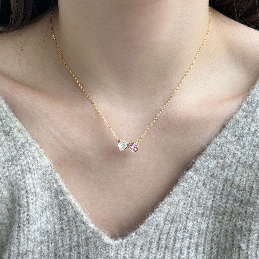 Linlang S925 sterling silver double heart necklace for women, exquisite and cute design, heart-shaped zircon pendant, clavicle chain, simple silver jewelry-Mix MIx Style