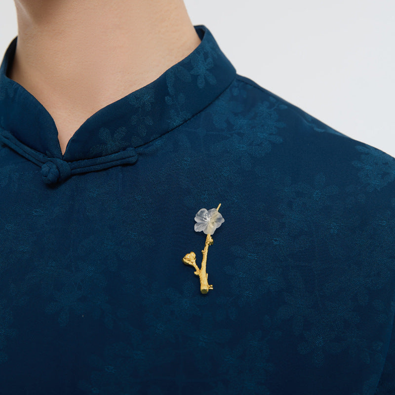 Looking for original pear blossom drizzle sterling silver brooch, artistic style hand-carved white crystal flower brooch for women-Mix MIx Style