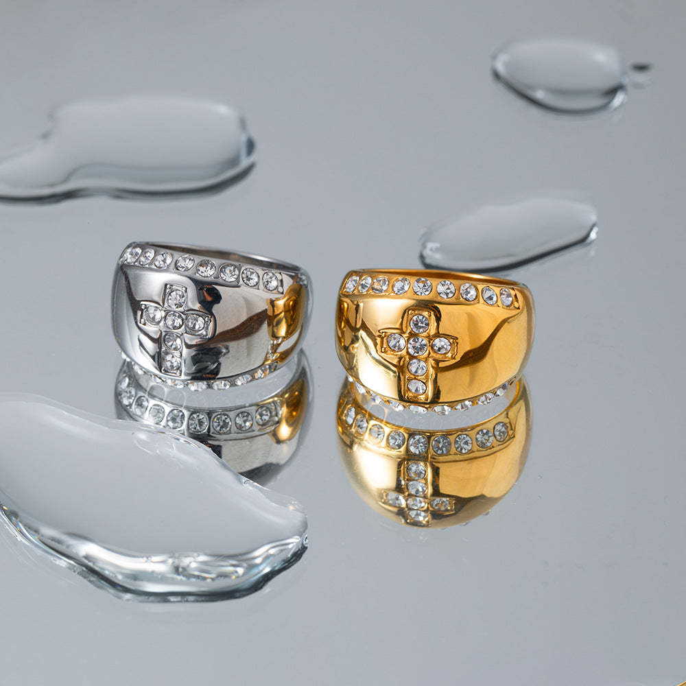 Cross Golden Antique Retro Classic Round Diamonds Elegant Luxury 18k White/Vermeil Gold Plated Ring Jewelry | Mix Mix Style-Mix MIx Style