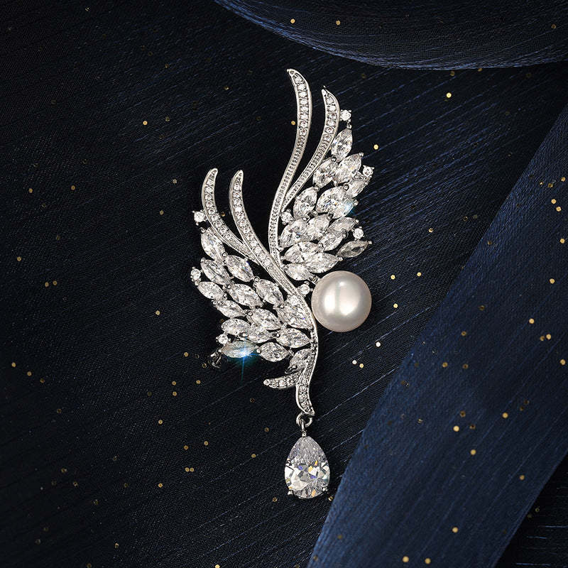 Xiliang Concubine high-end zircon wing brooch natural freshwater pearl corsage temperament suit coat accessories pin-Mix MIx Style
